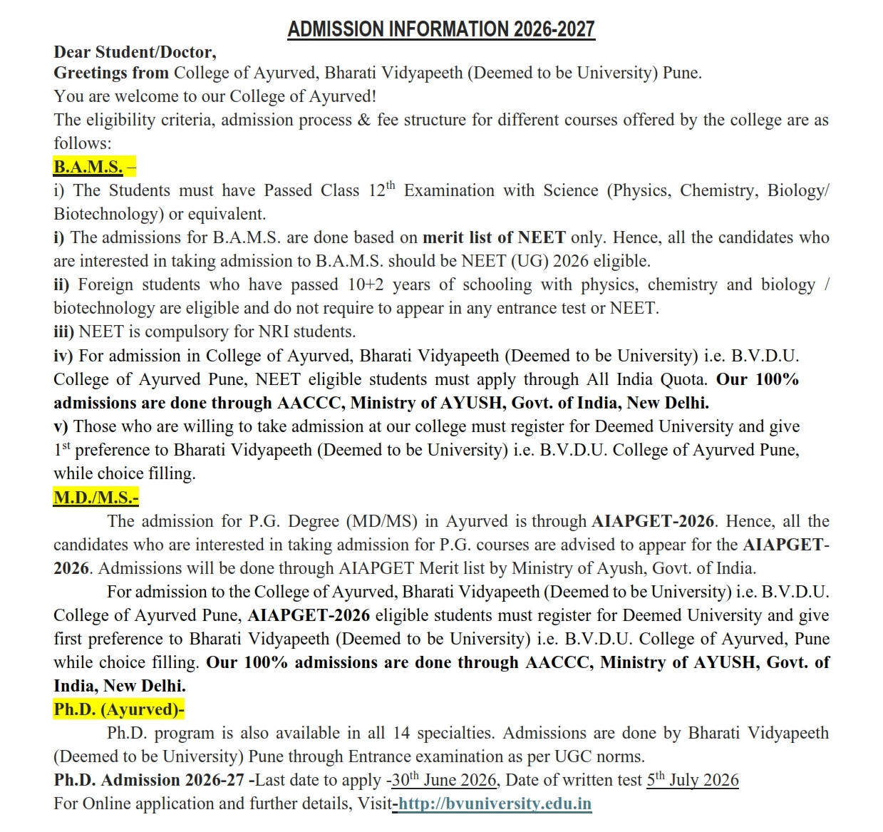 Admission Information 2026-27